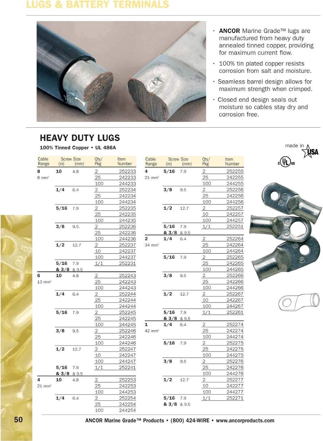Ancor 242246 Heavy Duty Tinned Copper Lugs – 6 AWG Wire Terminal with 3/8in Stud Opening, 25-Pack Marine Grade Connectors - Image 2