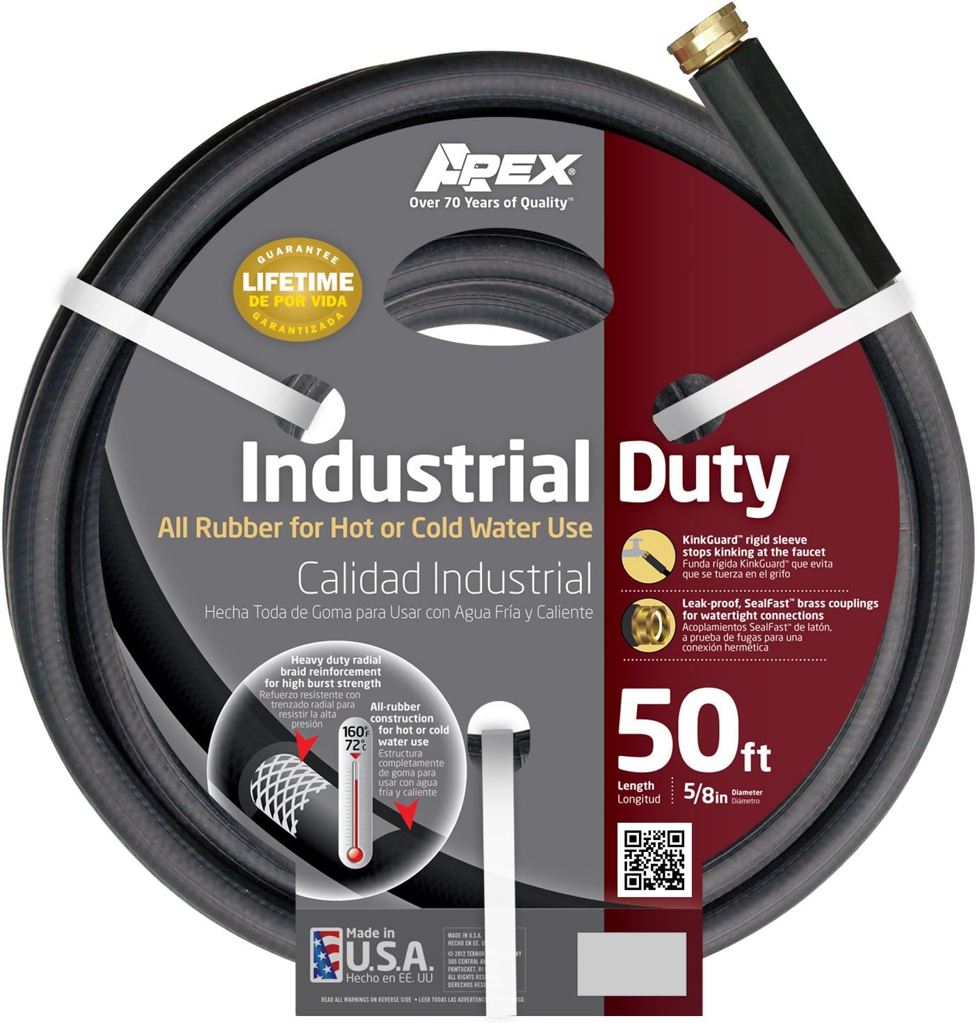 Teknor Apex 865050 Commercial Duty All Rubber Hose – 5/8 in x 50 ft Hot and Cold Water Hose Rated to 160°F