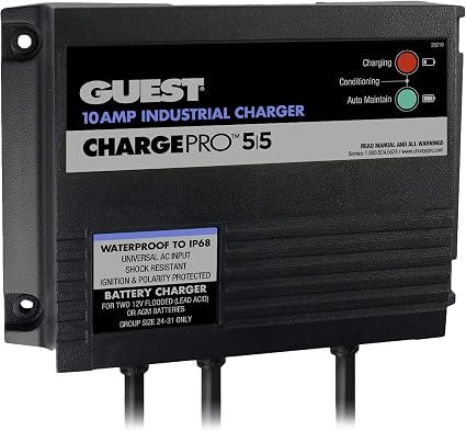 Marinco 28210 ChargePro On-Board Battery Charger – 10A 12/24V 2-Bank Smart Marine Charger with IP68 Waterproof Housing