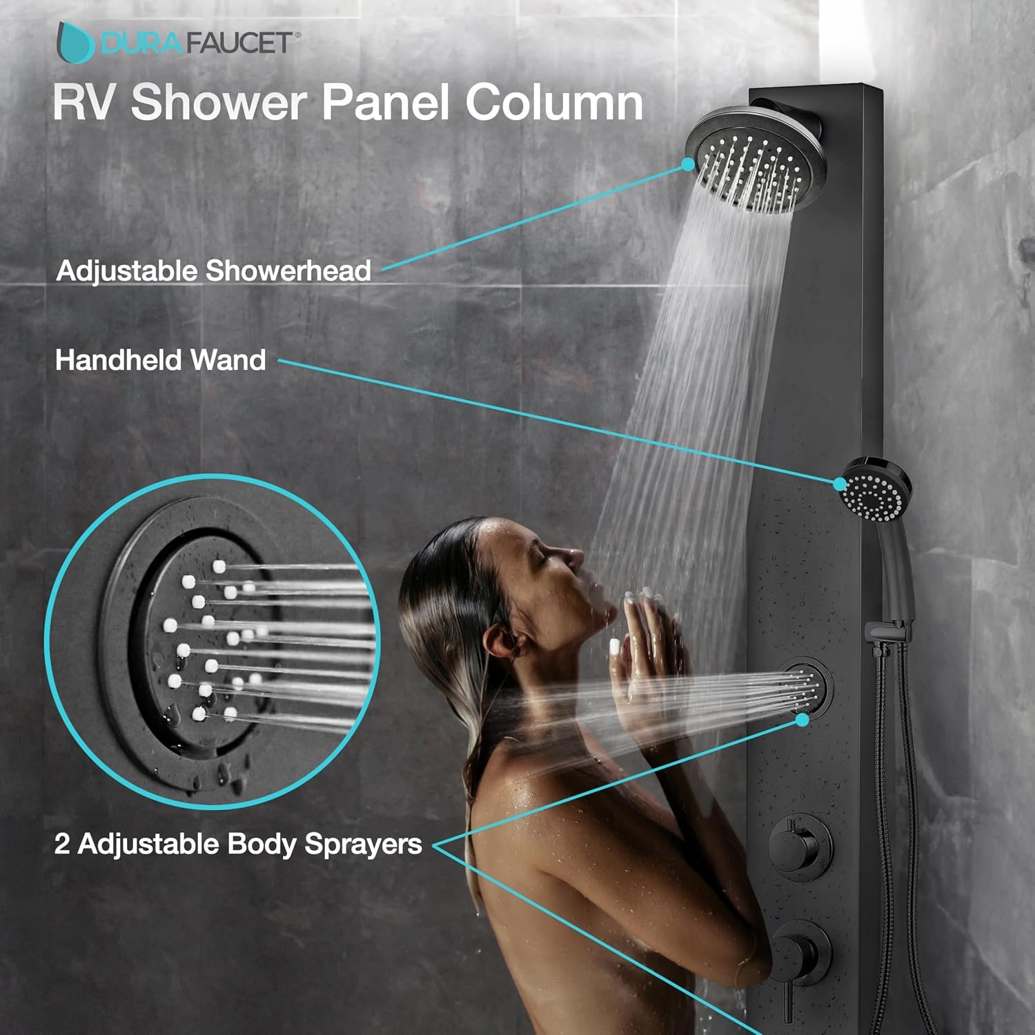 Dura Faucet DFSA913MB RV Shower Panel Column – Matte Black Shower Tower with Integrated Controls and Handheld Wand - Image 2