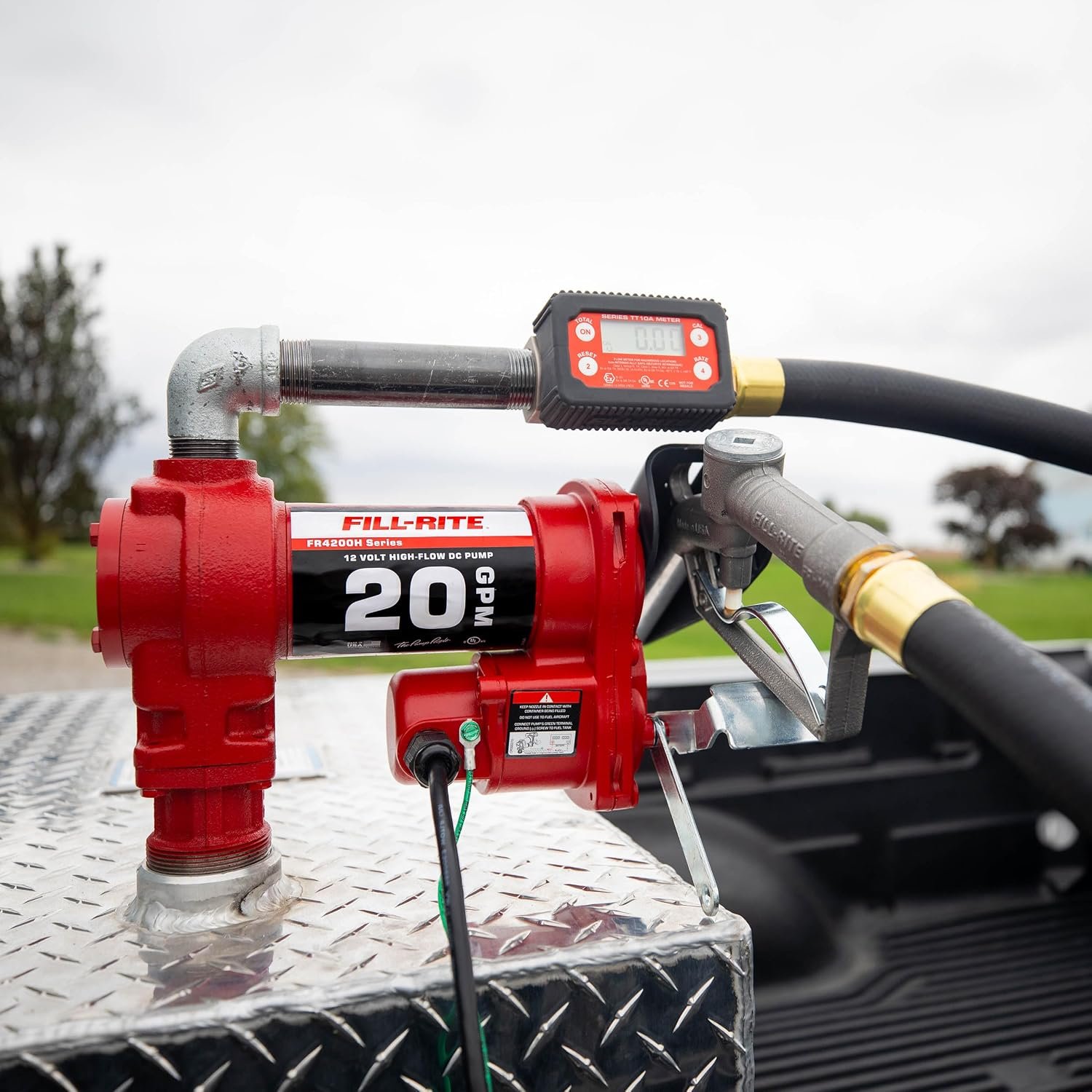 Fill-Rite FR4219H 12V DC High Flow Fuel Transfer Pump – 20 GPM Cast Iron System with In-Line Meter and Hose Package - Image 3