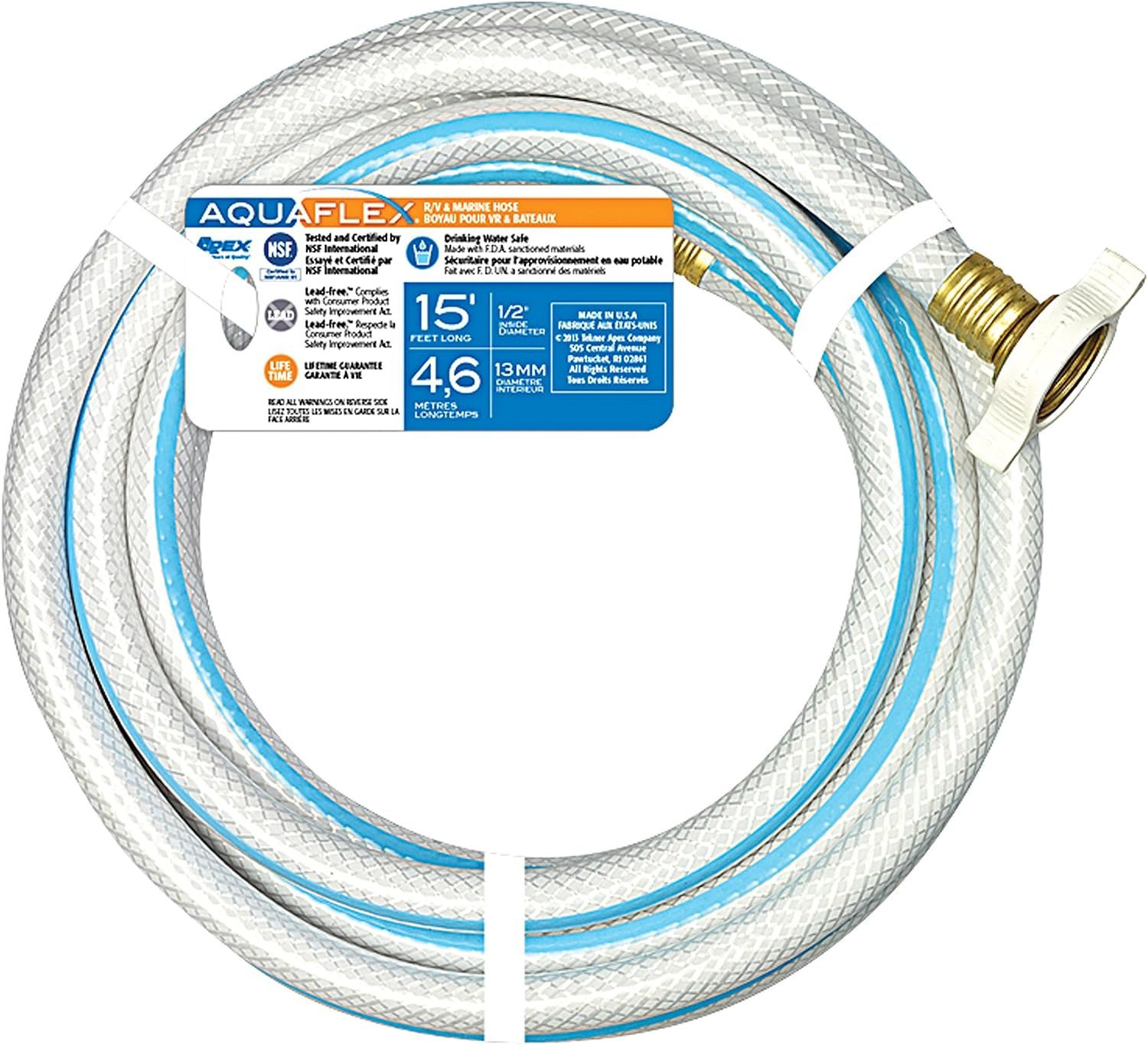 Teknor Apex 750315 AquaFlex Fresh Water Hose – 1/2 in x 15 ft Lead-Free Drinking Water Safe Hose for RV and Marine Connections
