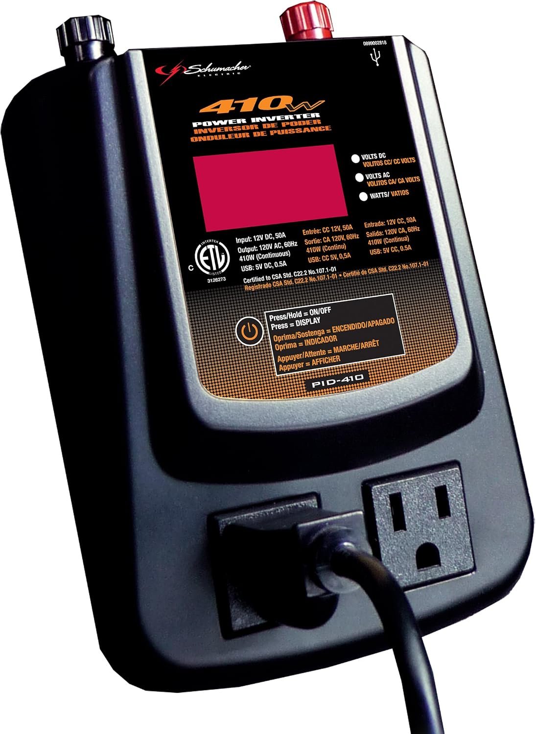 Schumacher PID-410 Power Inverter – 410W Continuous Output with Digital Display, USB Port and Dual AC Outlets