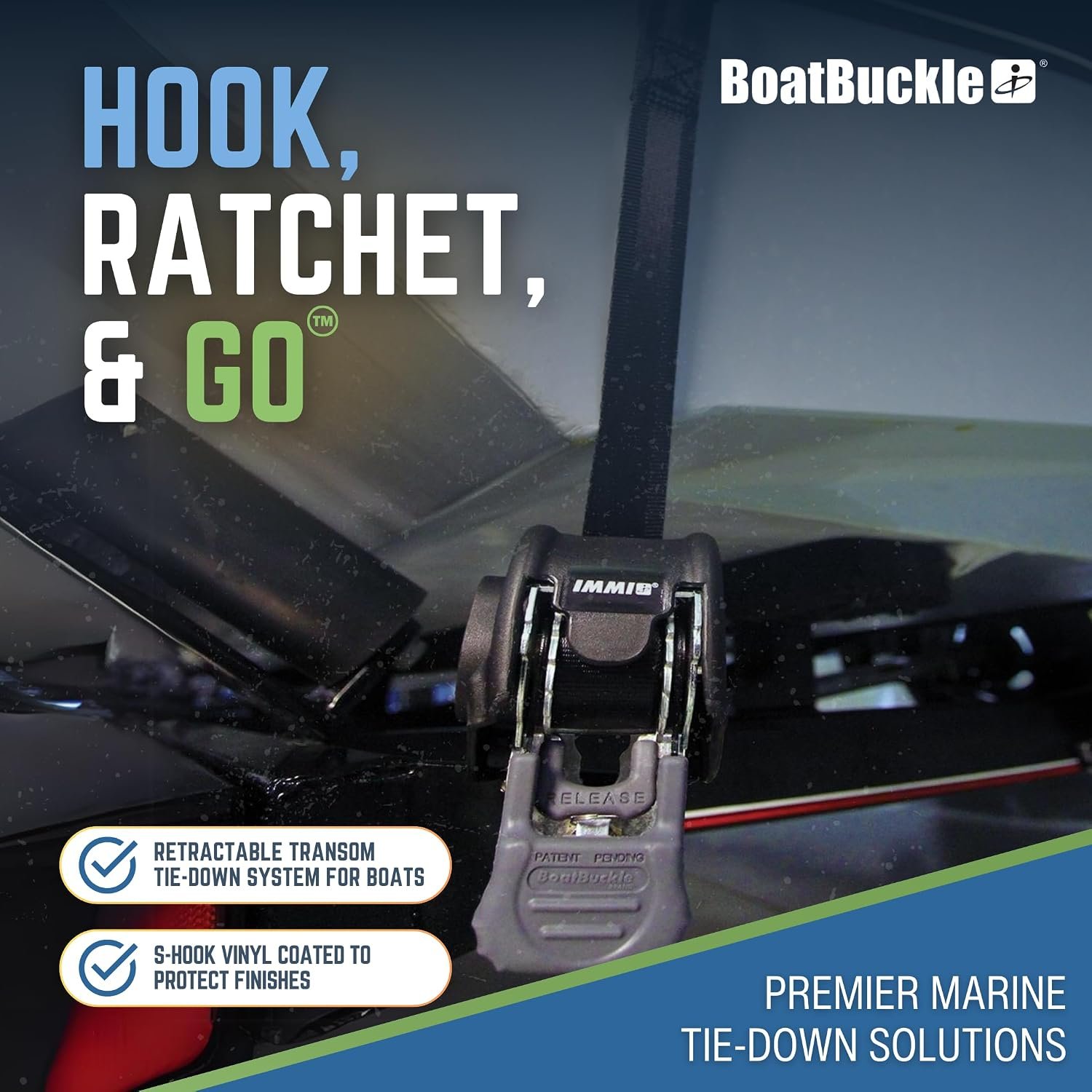 IMMI BoatBuckle F106877 Retractable Transom Tie-Down Pair – 1in Self-Storing Marine Trailer Securement Straps - Image 5