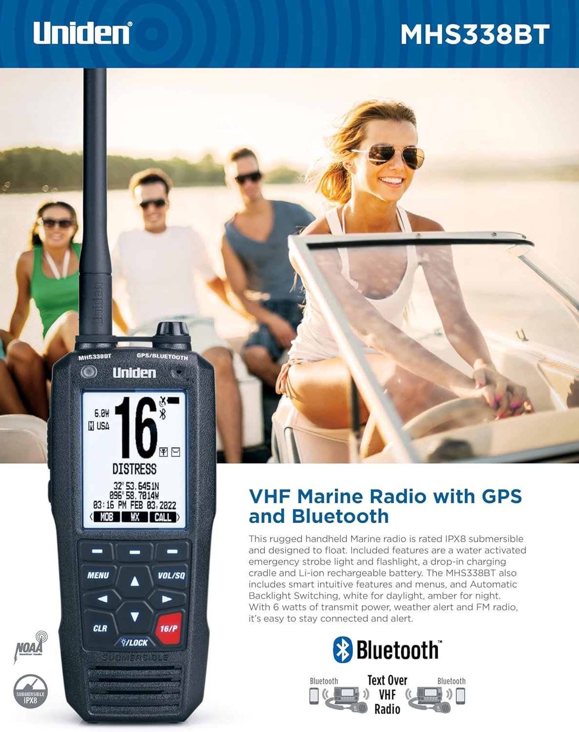 Uniden MHS338BT Floating Handheld Marine VHF Radio – Bluetooth, GPS, DSC and NOAA Weather Alerts - Image 5