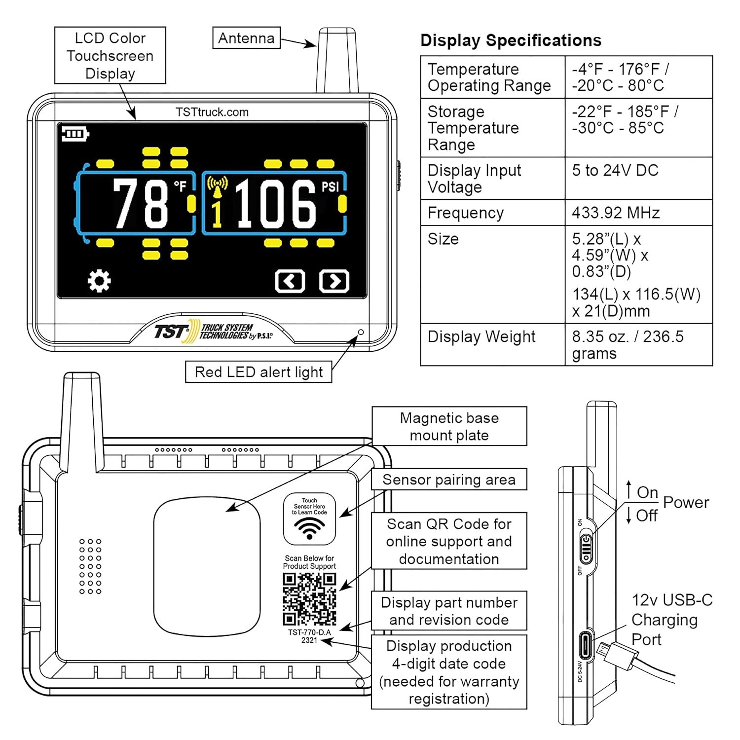 Truck System Technologies TST770FT4T 770 Series TPMS System – 4 Flow-Through Sensors, 5in Touchscreen Display, Signal Repeater - Image 4