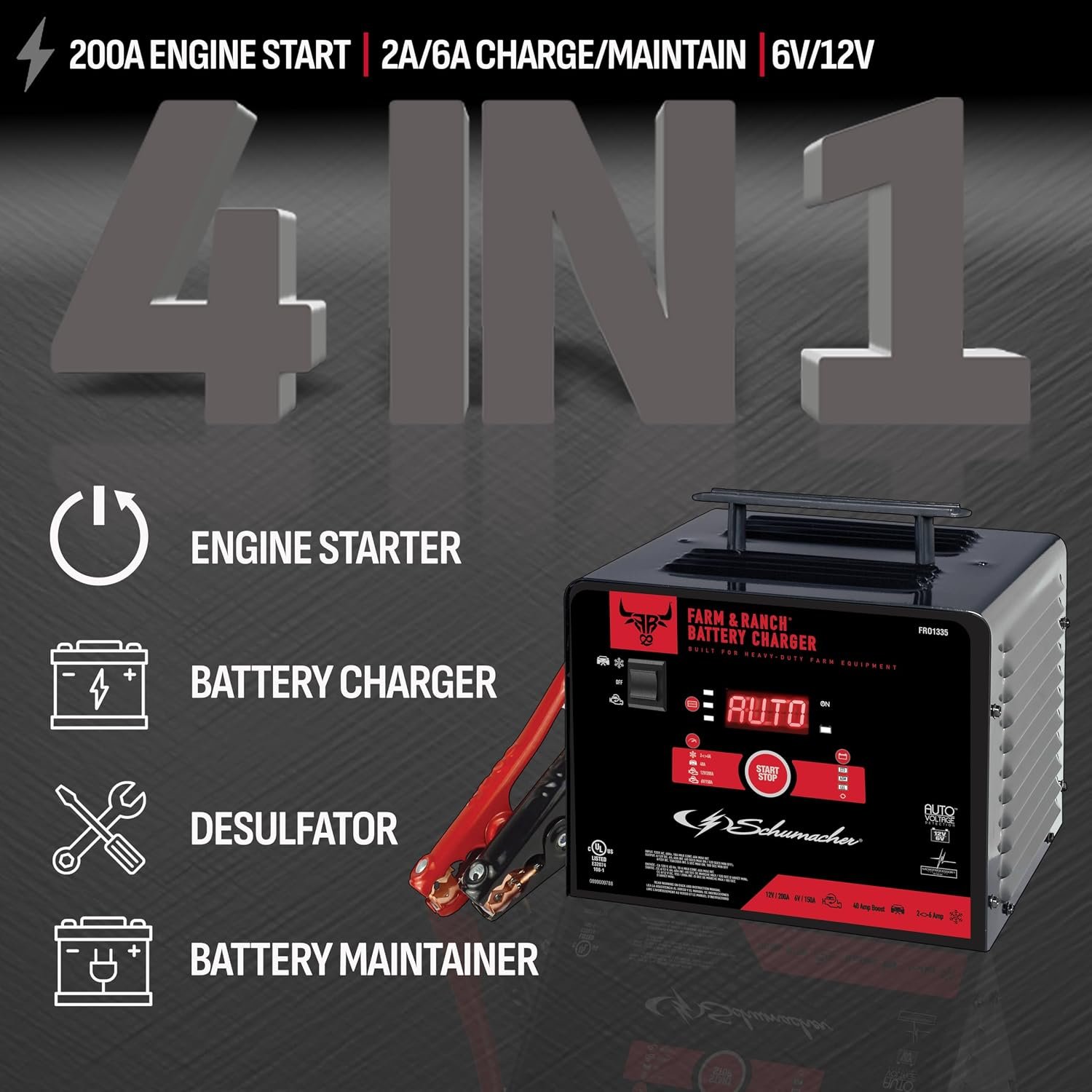Schumacher FR01335 Farm & Ranch Battery Charger & Engine Starter – 200A Start Power, 40A Boost, 12ft Cables, 6V/12V Support - Image 2
