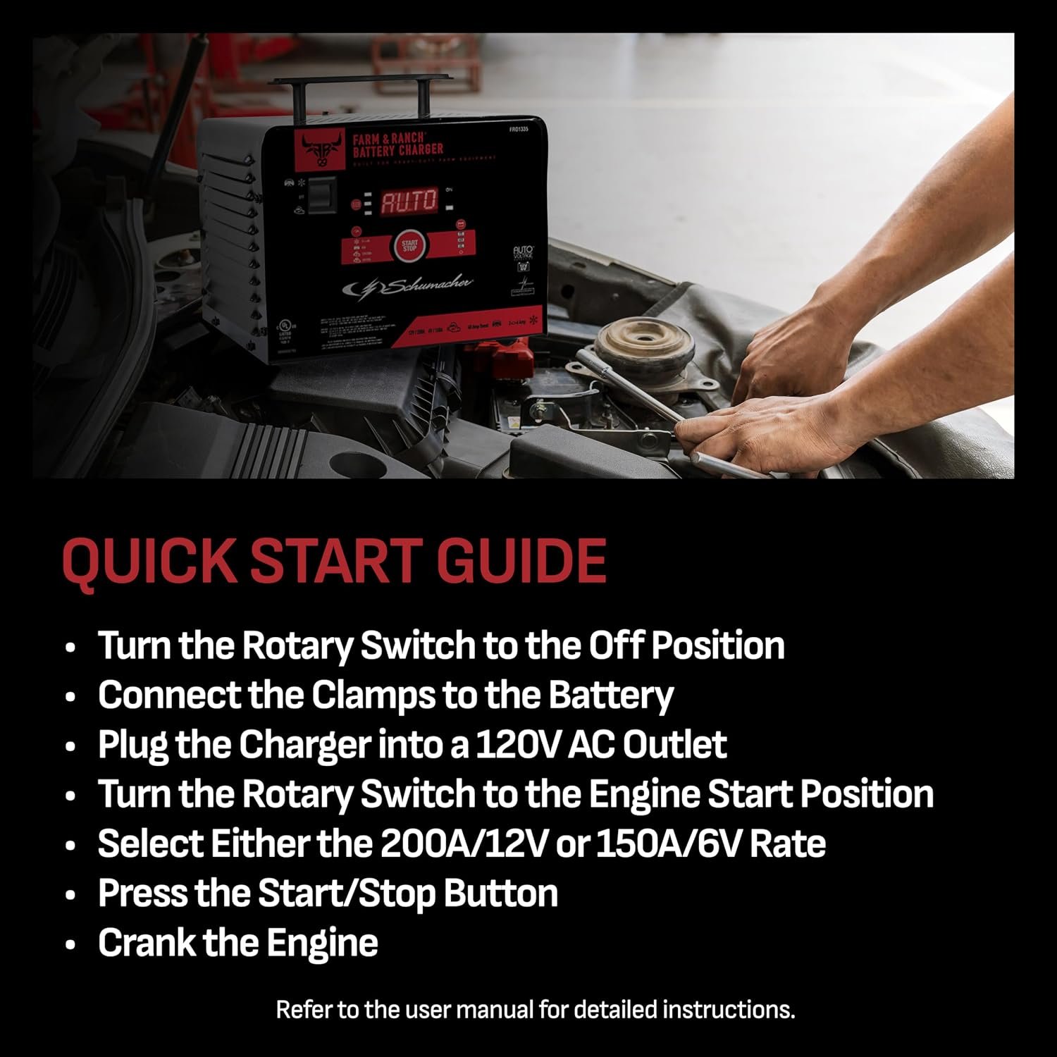 Schumacher FR01335 Farm & Ranch Battery Charger & Engine Starter – 200A Start Power, 40A Boost, 12ft Cables, 6V/12V Support - Image 3