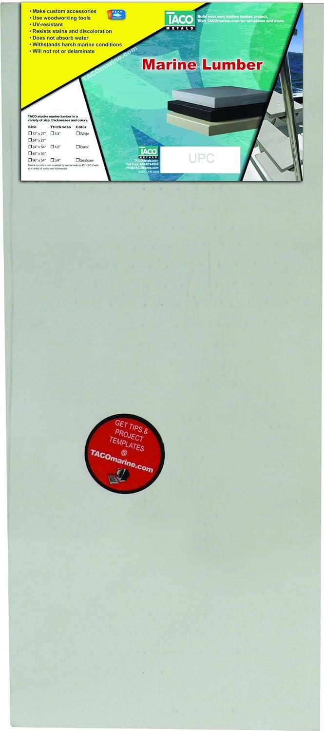 TACO Marine 5024WHA541 StarBoard Marine Lumber Sheet – 24in x 54in x 1/2in Arctic White UV-Stabilized HDPE Panel