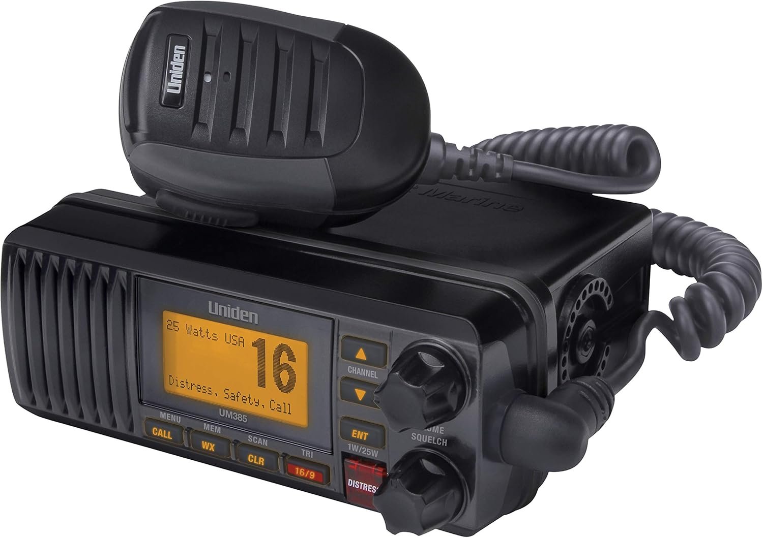 Uniden UM385 Fixed-Mount Marine VHF Radio – Black Finish, DSC Calling, 25W Output with NOAA Weather Alerts