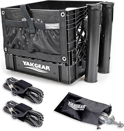 YakGear 1000601 Anglers Crate Kit Basic V2 – 13in x 13in Kayak Storage Crate with Rod Holder and Anchor Kit