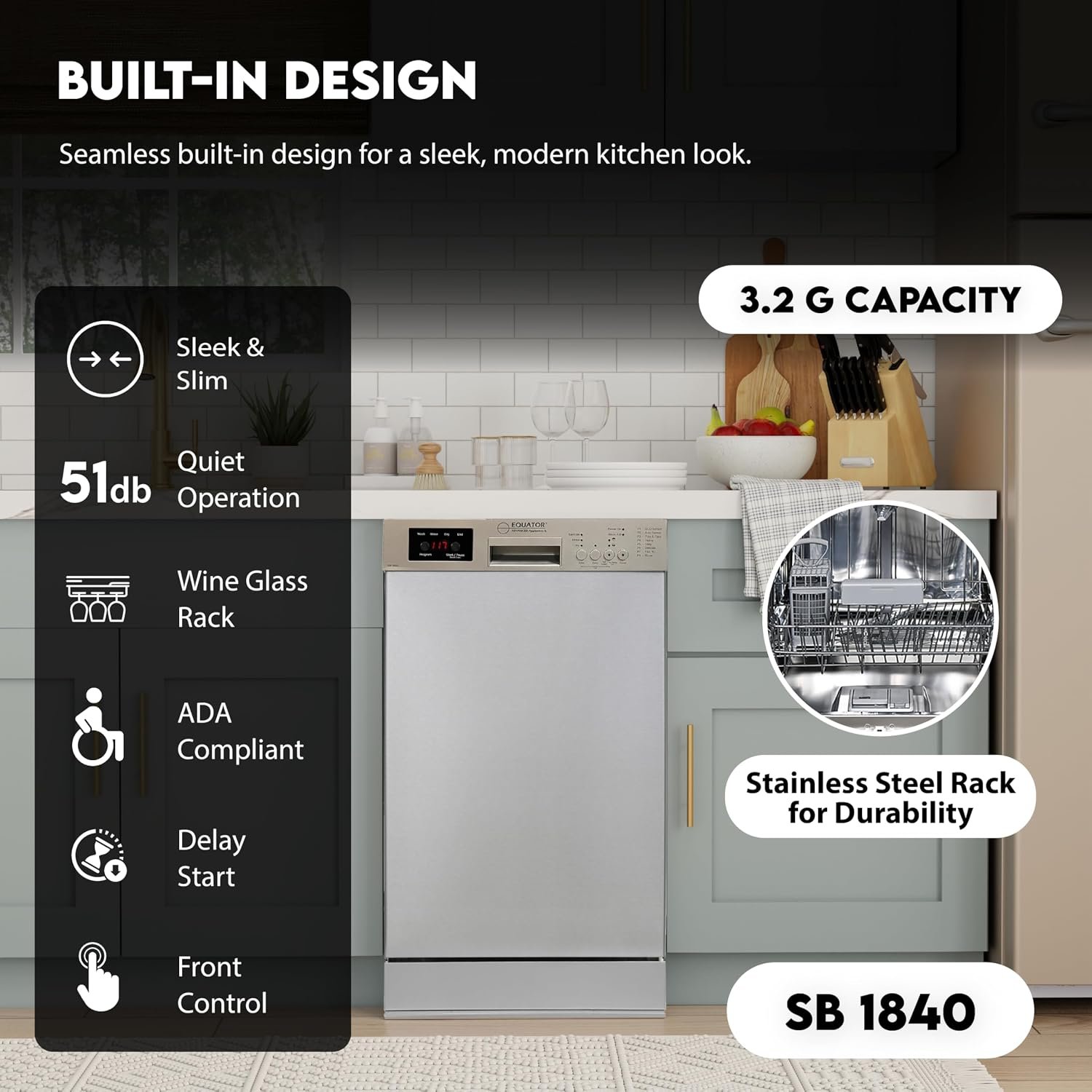 Pinnacle SB1840 18-Inch Built-In Dishwasher – 10 Place Settings, 8 Wash Cycles, Silver Finish, 150°F Sanitize - Image 4