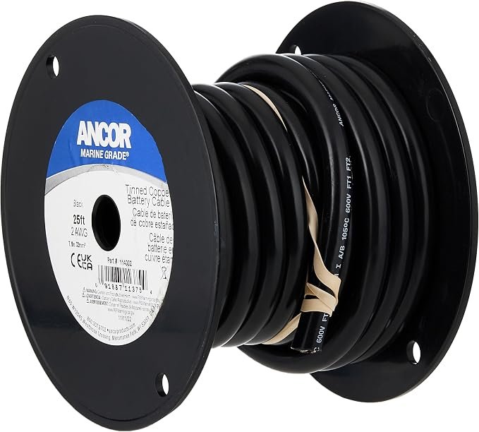 Ancor 114040 Tinned Copper Battery Cable – 2 AWG Marine Wire, 400ft Black Spool with 600V Vinyl Insulation