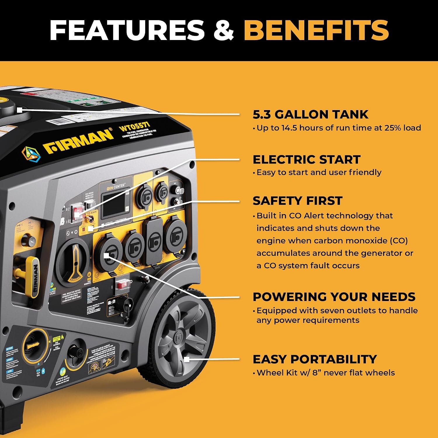 Firman WT05571 Tri Fuel Portable Inverter Generator – 5500 Starting Watts with Gasoline, Propane, and Natural Gas Operation - Image 3