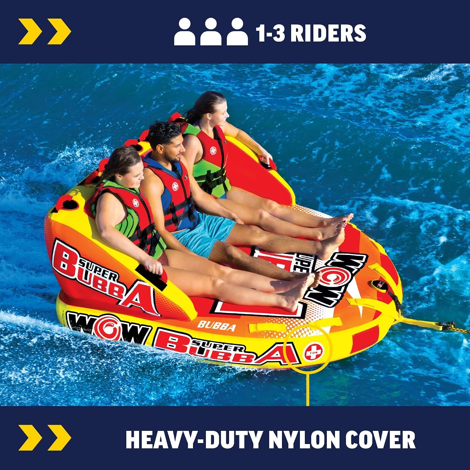 WOW Sports 171060 Super Bubba Hi Vis 1-3 Person Towable – High-Visibility Deck Tube with Secure Seating - Image 2