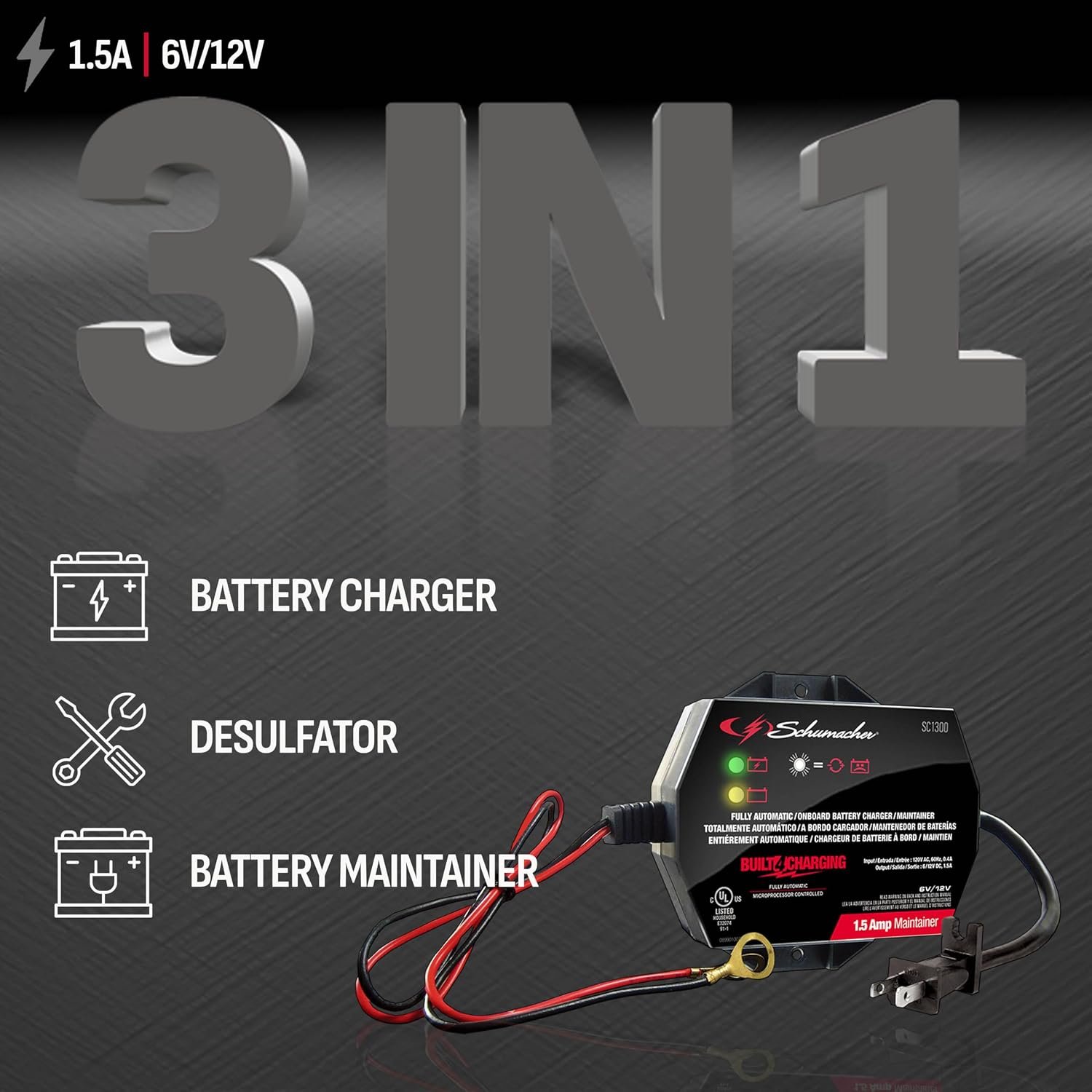 Schumacher SC1300 1.5 Amp Battery Charger and Maintainer – Automatic Charger for Automotive, Marine and Powersports Batteries - Image 2