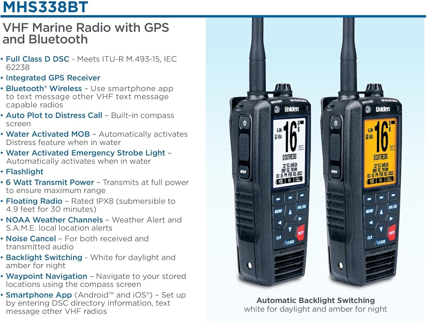 Uniden MHS338BT Floating Handheld Marine VHF Radio – Bluetooth, GPS, DSC and NOAA Weather Alerts - Image 2