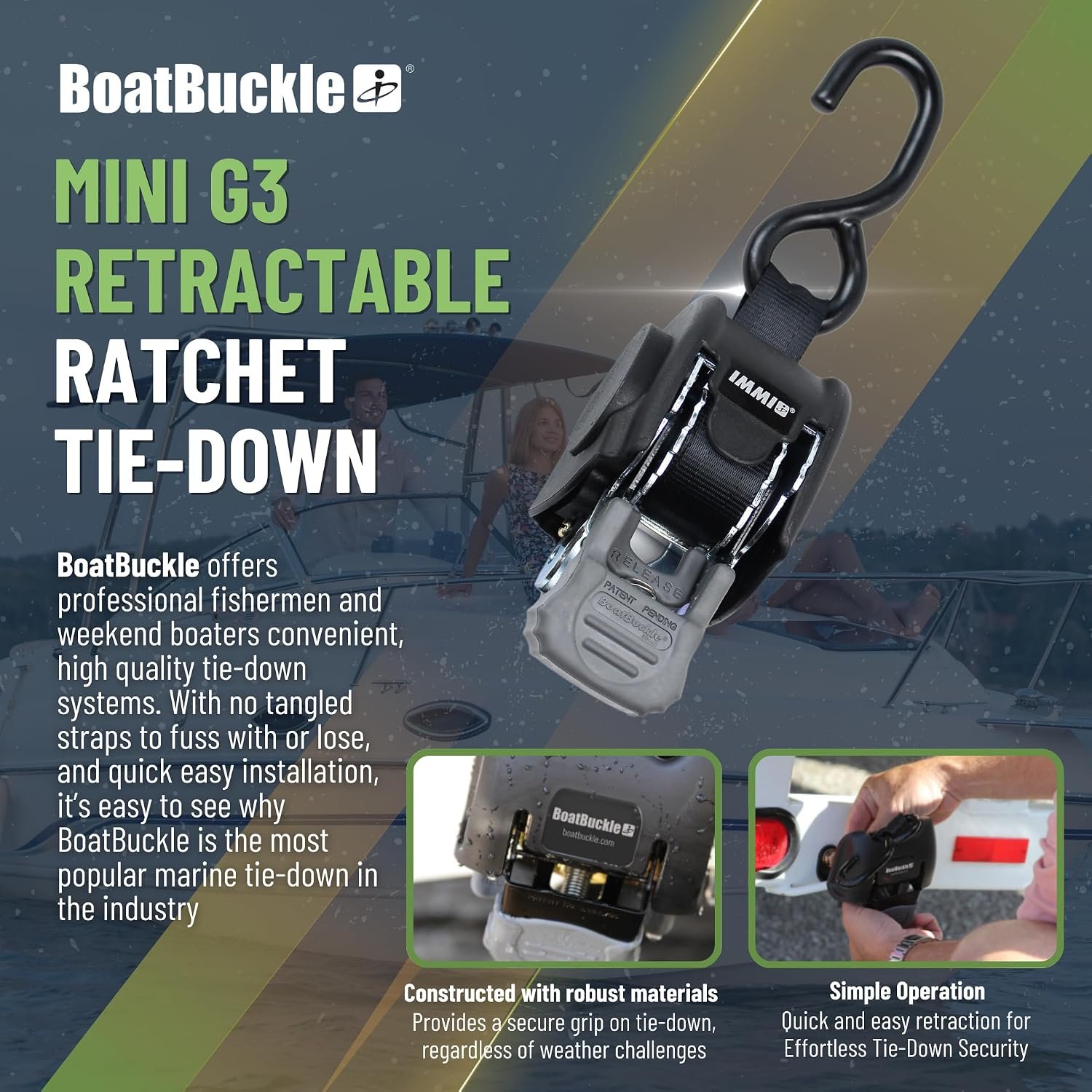 IMMI BoatBuckle F106877 Retractable Transom Tie-Down Pair – 1in Self-Storing Marine Trailer Securement Straps - Image 2
