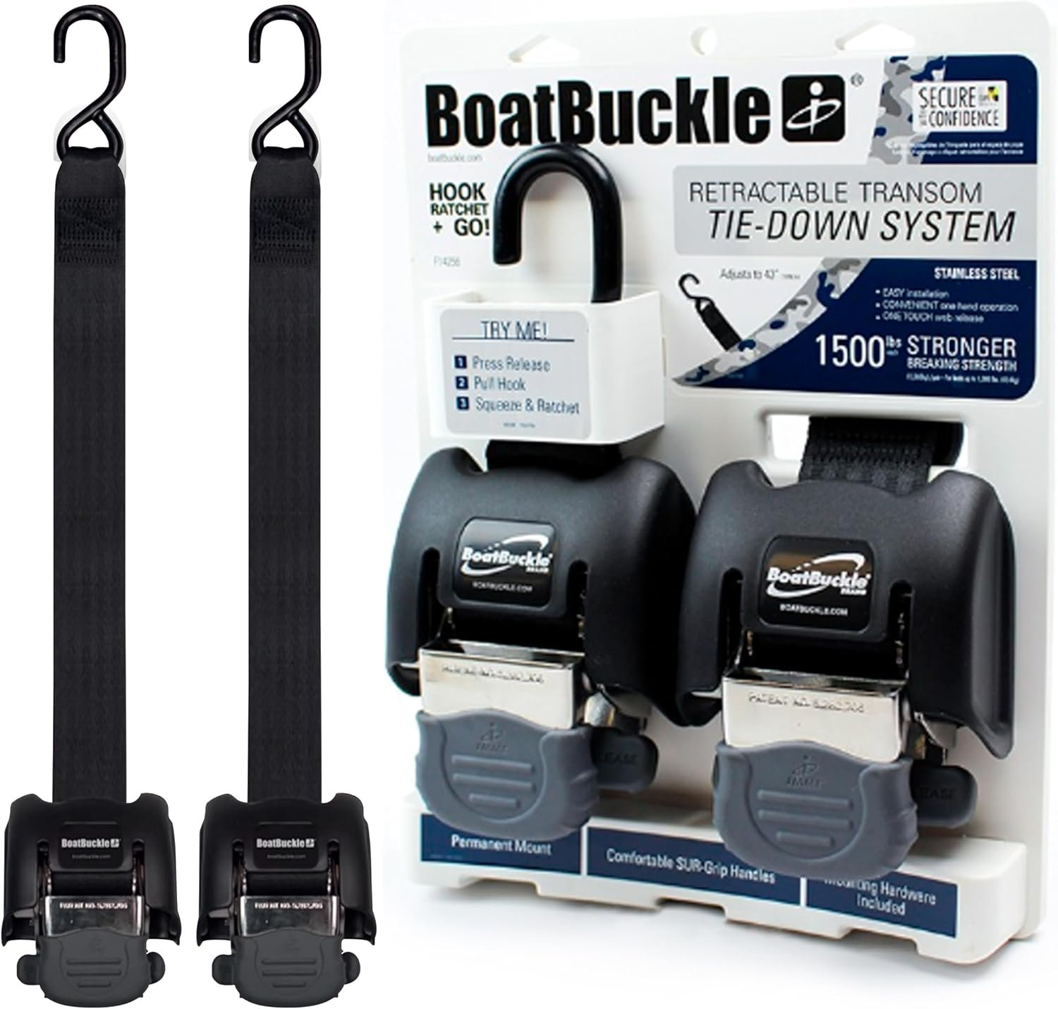 IMMI BoatBuckle F14256 Stainless Steel Retractable Transom Tie-Down – Marine Trailer Securement System