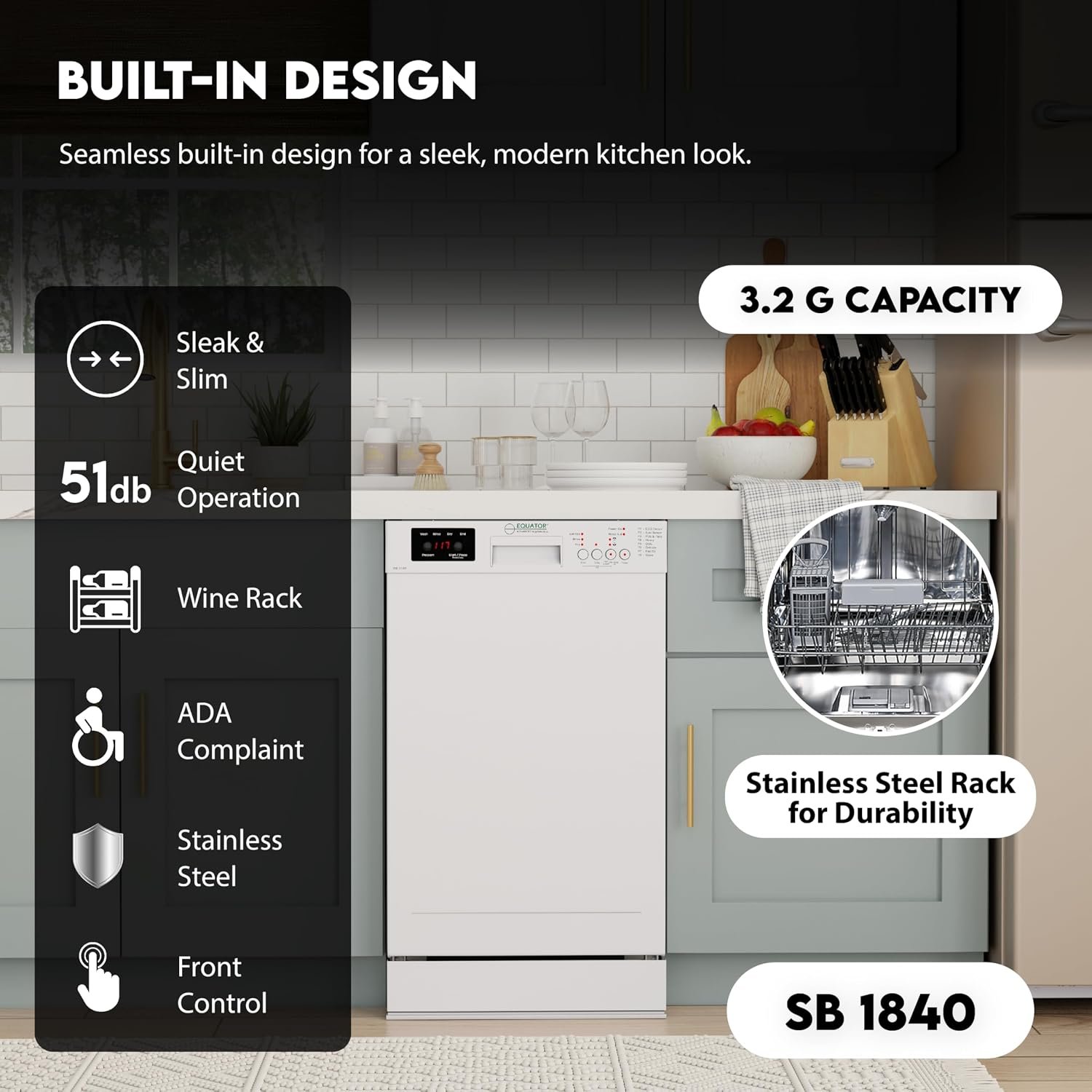 Pinnacle WB1840 18-Inch Built-In Dishwasher – 10 Place Settings, 8 Wash Cycles, White Finish, Sanitize Function - Image 7