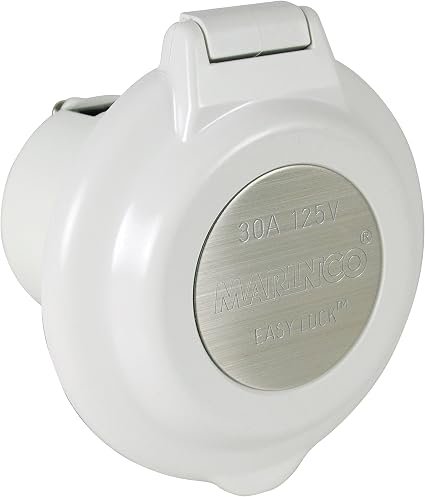 Marinco 304ELBRV 30A Contoured Power Inlet – Easy Lock System – Stainless Steel Trim and White Housing