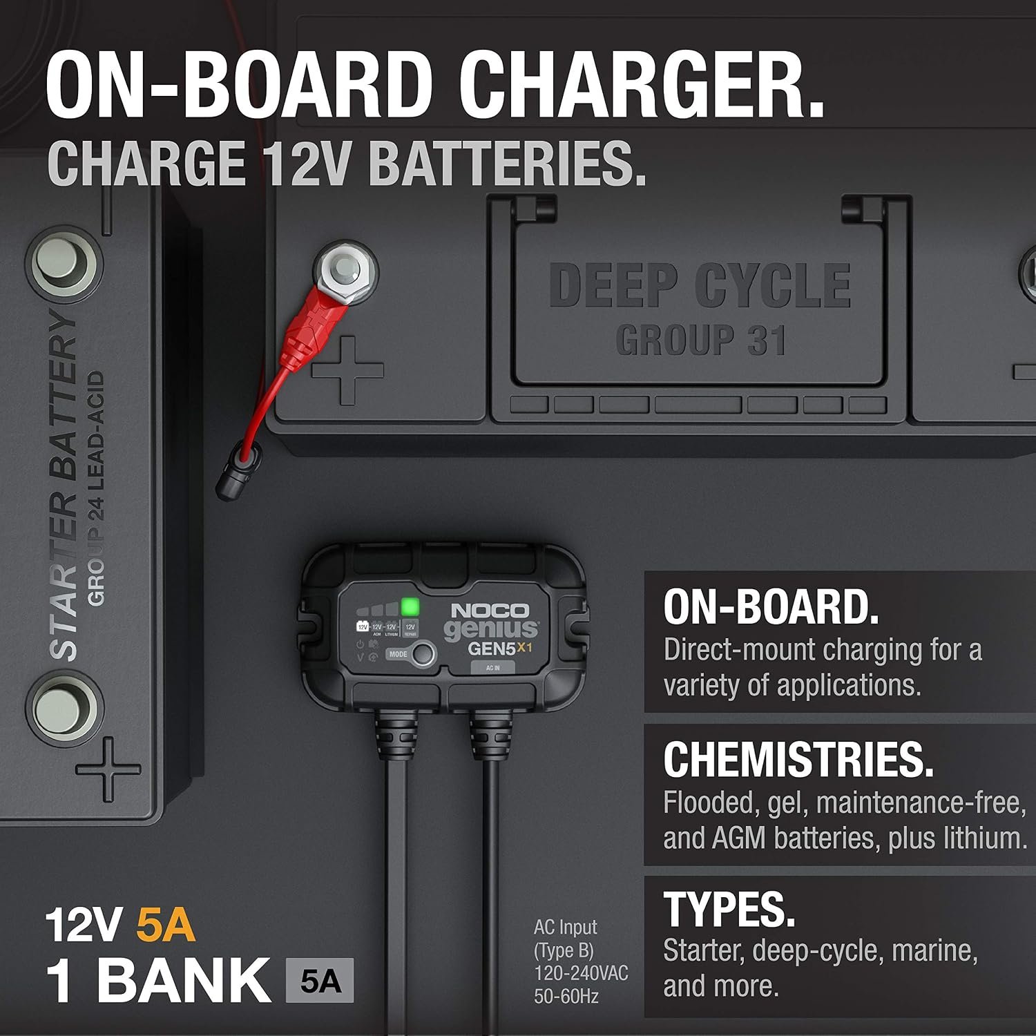 NOCO GEN5X1 1-Bank 5A Onboard Battery Charger – Waterproof Smart Charger for Marine and Recreational Batteries - Image 2