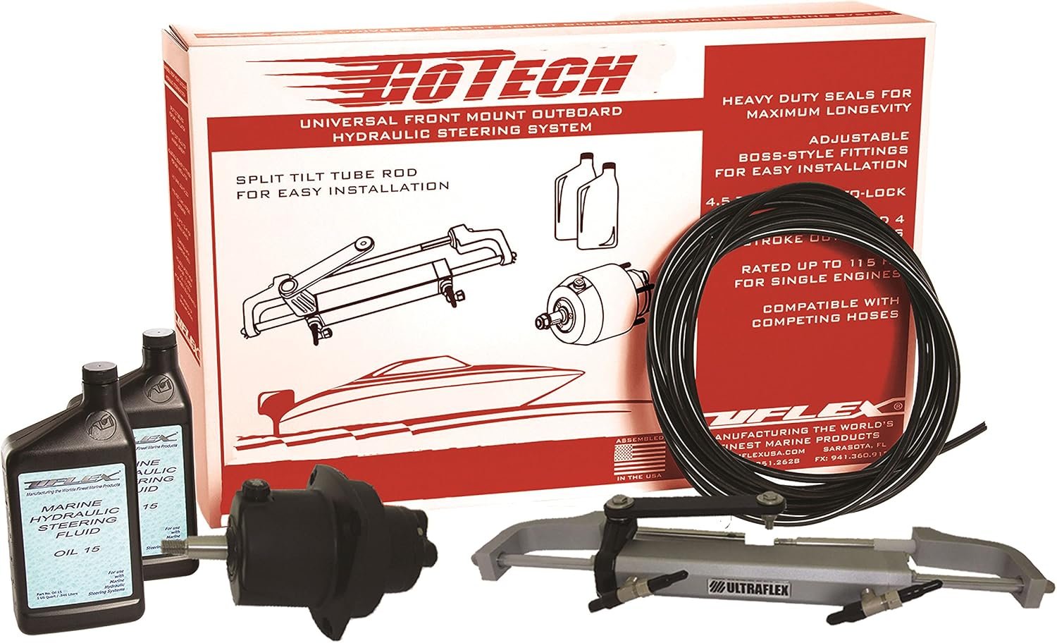 Uflex GOTECH10 Front Mount Low HP Hydraulic Steering System – UP20 Helm with TU95 Tubing for Outboards up to 150 HP