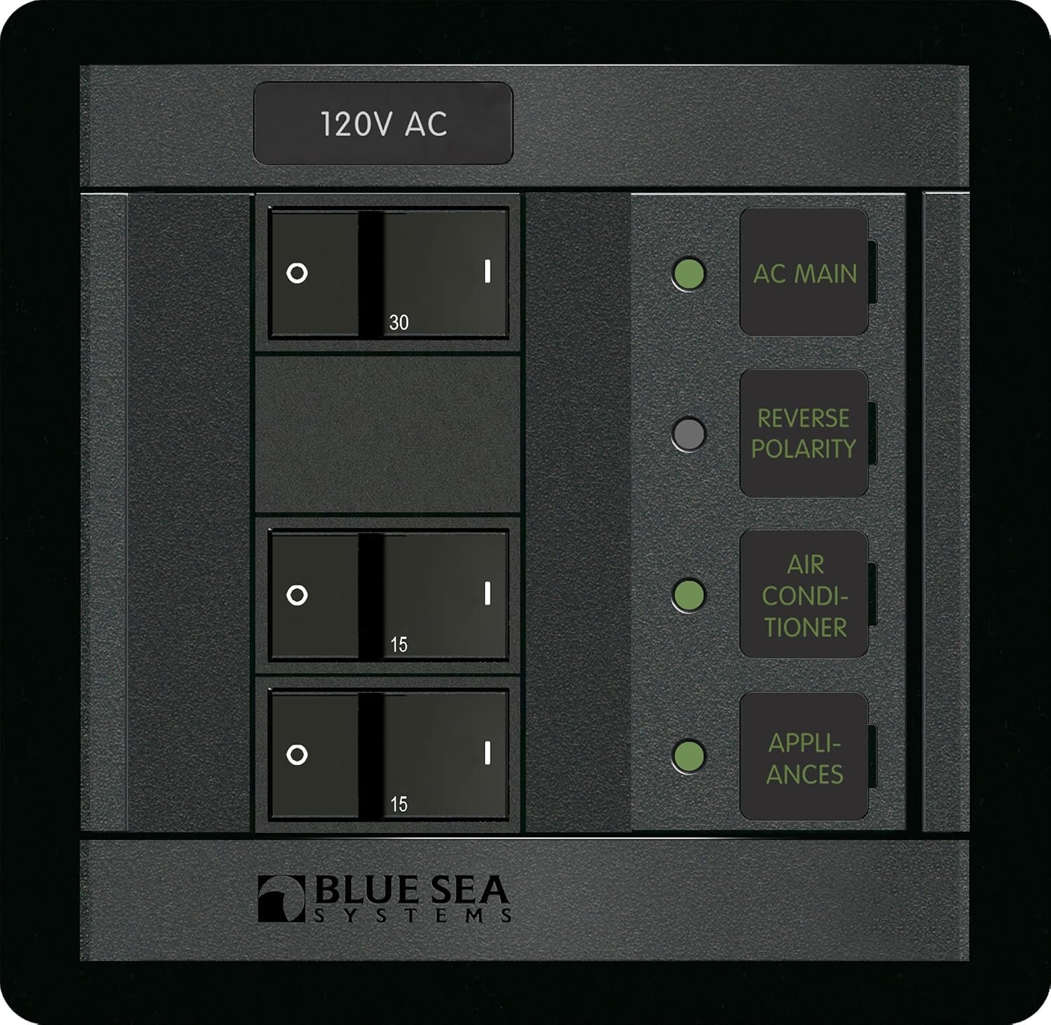Blue Sea Systems 1214BSS Panel 360 AC Distribution Panel – 120VAC 2 Position Main Breaker Panel with Aluminum Construction