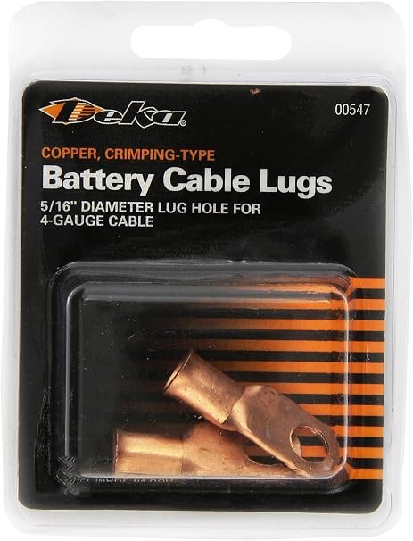 East Penn 547 Copper Battery Lug – 4 Gauge Cable End, 5/16in Stud Eyelet, Crimp-On Electrical Connector