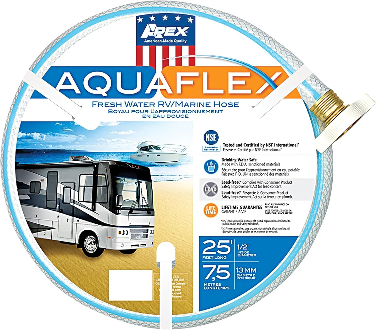 Teknor Apex 750325 AquaFlex Fresh Water Hose – 1/2 in x 25 ft Lead-Free Drinking Water Hose for RV and Marine Applications