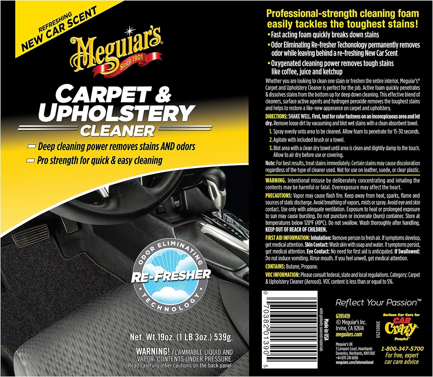 Meguiar's G191419 Carpet & Upholstery Cleaner – 19 oz Aerosol Fabric Stain and Odor Remover - Image 8